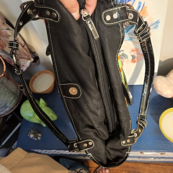 X-Large sized SAMOE green canvas shoulder tote bag|Black faux leather trim ADJ. - Picture 8 of 12